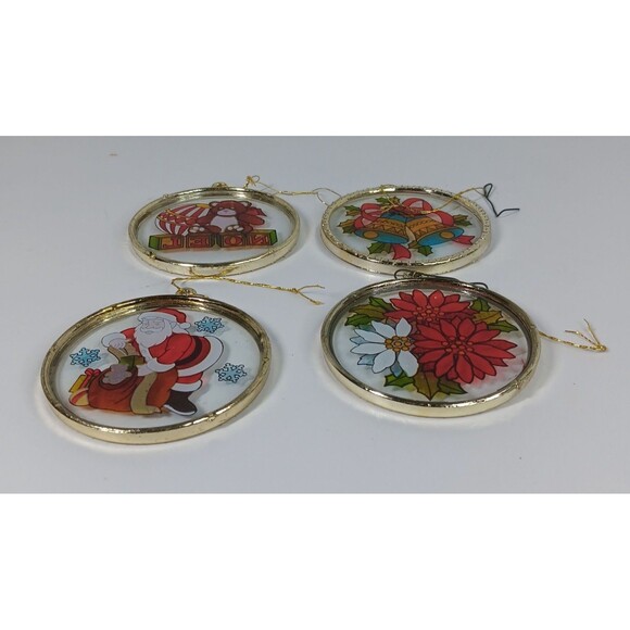 Suncatcher Christmas Ornament Lot Santa Claus Bear Bells Poinsetta Flowers Lot - Picture 9 of 9